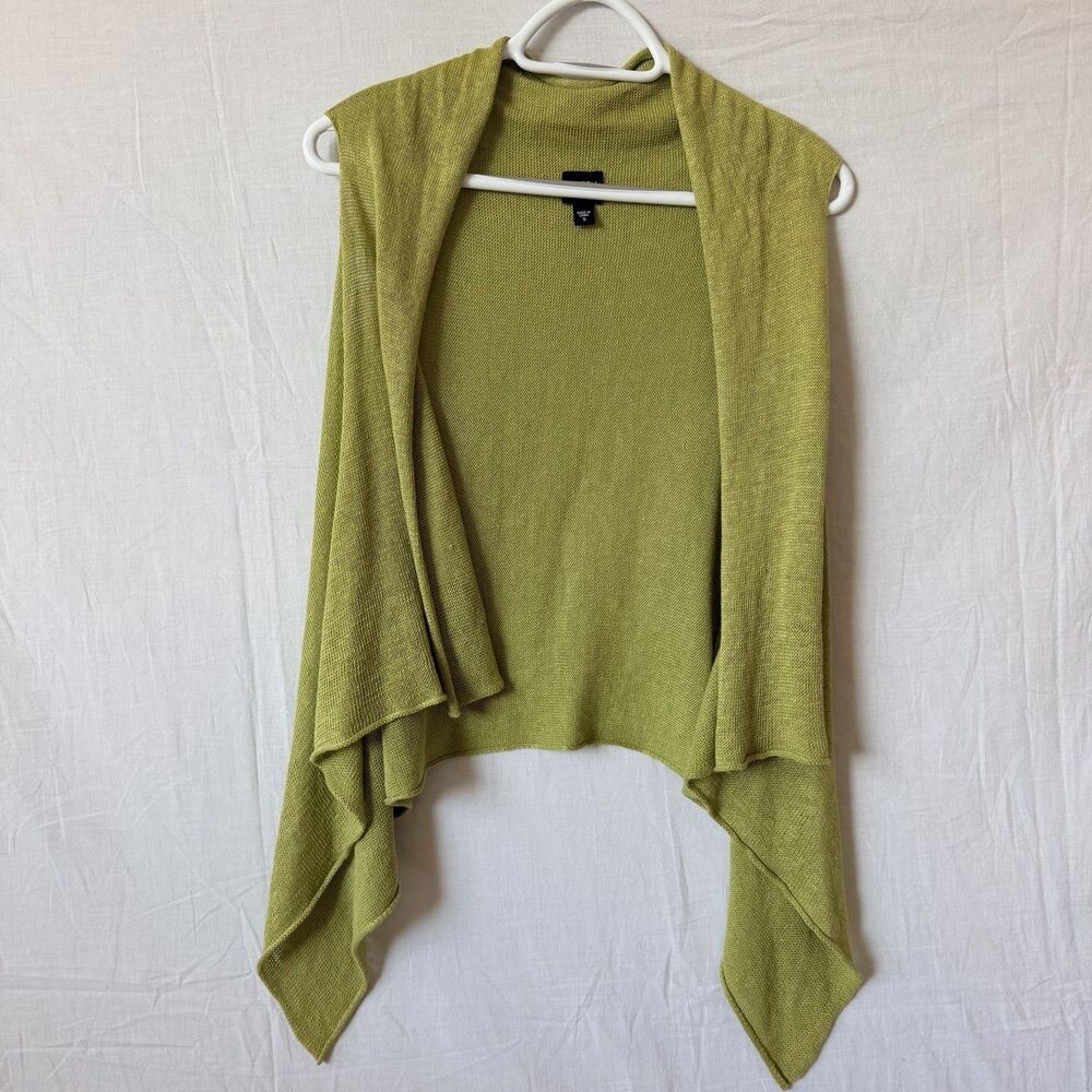 Eileen Fisher 100% Linen Open Front Draped Cardigan Vest Green Sz S Resort Beach